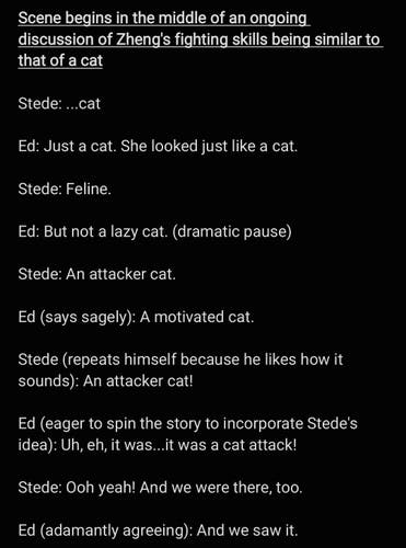 Video transcript part 1. Scene begins in the middle of an ongoing discussion of Zheng's fighting skills being similar to that of a cat.
Stede: ...cat.
Ed: Just a cat. She looked just like a cat.
Stede: Feline.
Ed: But not a lazy cat. (dramatic pause)
Stede: An attacker cat.
Ed says sagely: A motivated cat.
Stede repeats himself because he likes how it sounds: An attacker cat!
Ed, eager to spin the story to incorporate Stede's idea: Uh, eh, it was...it was a cat attack!
Stede: Ooh yeah! And we were there, too.
Ed, adamantly agreeing: And we saw it.