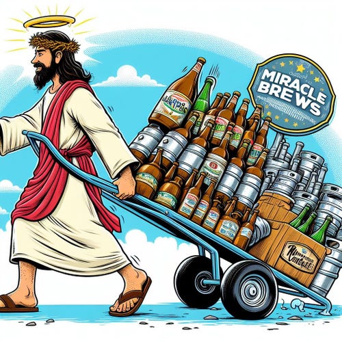 Jesus zieht einen Karrsen voller Bier, mit dem Schild "Miracle Brews"