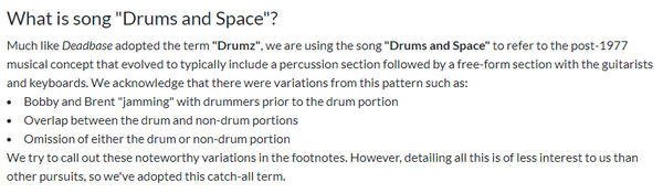 A screen capture of the Jerrybase FAQ section explaining what the new song "Drums and Space" is.