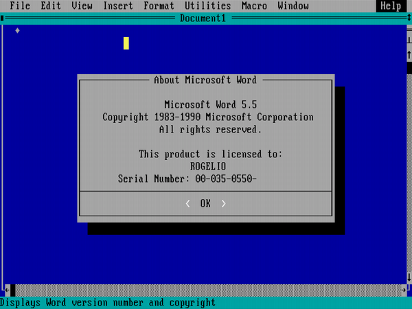 Screenshot of Microsoft Word 5.5 for DOS running on DOSBox for Linux