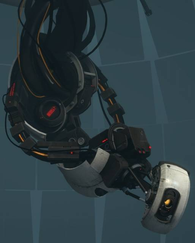 GLaDOS, the evil AI from the video game Portal. She is a machine hanging down from the ceiling, suspended by cables, in a shape that is very, very vaguely reminiscient of a giant, armless humanoid with a face in the shape of a rectangle with a giant yellow camera eye.