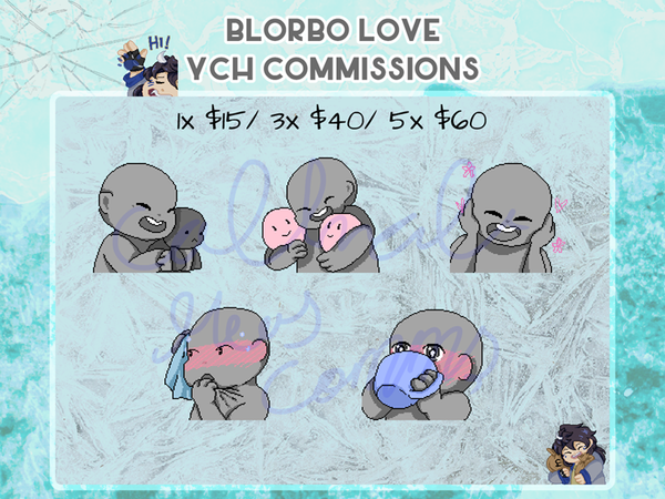 Blorbo Love YCH Commissions.  1 for $15.  3 for $40.  5 for $60.
All are pixel art of grey base people.
1. Person hugging a doll of a smaller person while smiling
2. Person hugging two smiling orbs while smiling.
3. Person clutching their face and smiling with hearts and flowers around them.
4. Person blushing, sweating, tugging on their shirt and wiping their brow.
6. Person with sparkly eyes taking drink from large mug.