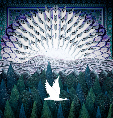 A swan flies in bottom foreground of a forest dusted in snow. Background is a multitude of swans forming a mandala in front of an Indian Rose portal.