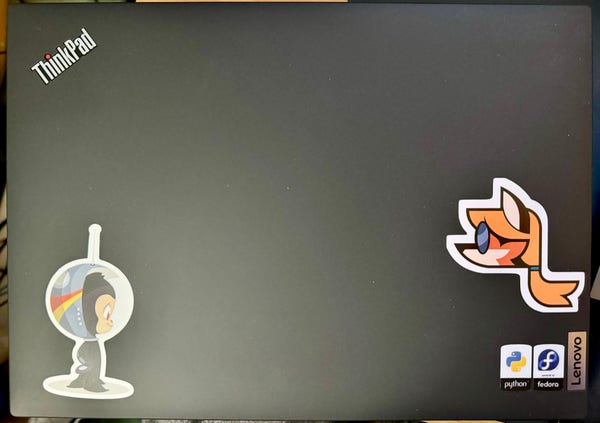 Top of a closed Black Lenovo ThinkPad T14 with several stickers, from left to right:

GitHub Mona wearing a spacesuit globe-shaped helmet, head of the Xenia Linux mascot, wearing glasses, facing left, a small Python sticker and a small Powered by Fedora