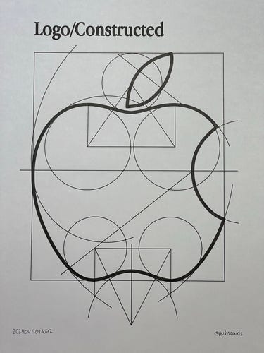 Pen plot of the Apple logo with the specification guides overlaid on top such as circles, arcs, lines, and boxes. 