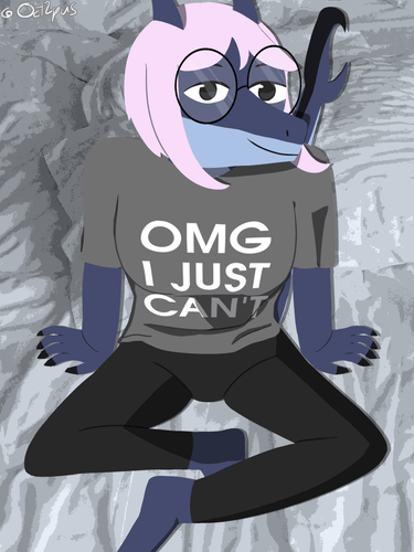 a blue anthromorphic shark stares at the camera. She has a short pink bob with long sides, two fins on her head is smiling. She has a shirt thats says "OMG I JUST CAN'T" in big text and leggings. She has bare feet.