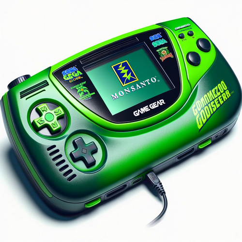 an ai generated image of a Sega GameGear that is colored green and has a Monsanto logo on it's screen.