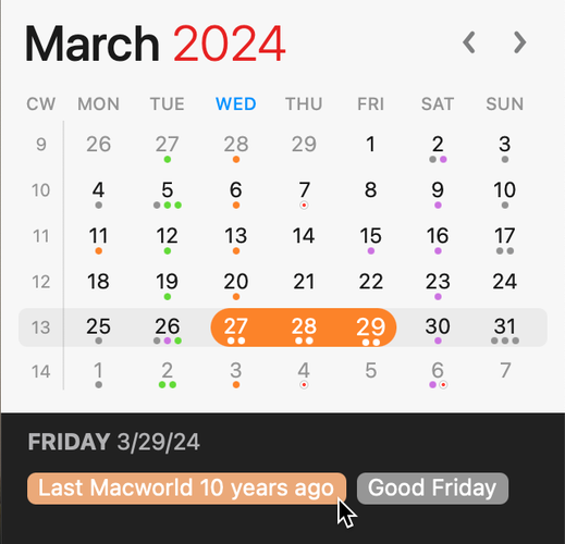 Calendar view of March 2024. The date range of the 27th ,28th, and 29th are highlight, and the range’s label is “Last Macworld 10 years ago.”