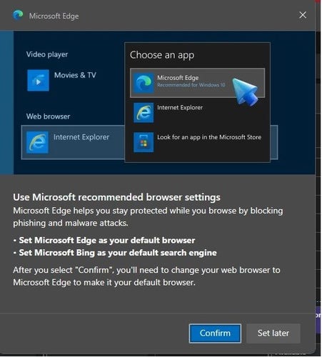 Screenshot of a Microsoft Edge popup telling me to use Microsoft recommended browser settings and how Edge should be default and will help me stay protected blah blah 
Complete with a little graphic showing exactly how to change default browser with a massive 3d cursor