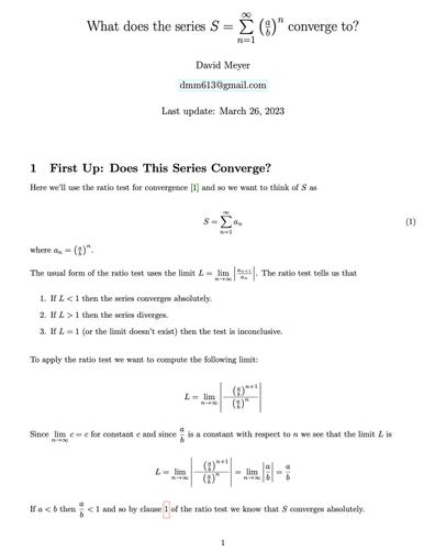 Interesting series.

Does it converge, and if so, to what?

A few of my notes on all of this are here:
https://davidmeyer.github.io/qc/infinite_sum_a_over_b.pdf, and
as always, questions/comments/corrections/* greatly appreciated.

#convergentseries #math #maths 