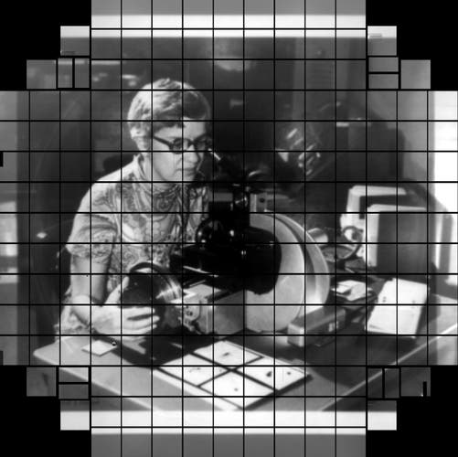 A black and white photo of Vera Rubin using a desktop instrument, taken using a pinhole projection onto the LSST Camera. This creates horizontal and vertical black lines in the image denoting the edges of the camera's CCD chips.