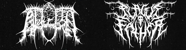 Two black metal band names. They are white on black, very gothic looking with many lines. There is some semblance of letters, but none are distinguishable amongst the intricate drawings.