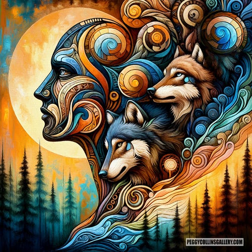 Symbolic rtwork of a man, two wolves, a full moon and a forest, by artist Peggy Collins.
