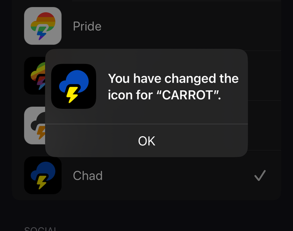 Screenshot of CARROT weather app with a collection of icons on the left. Center is a popup saying “You have changed the app icon for CARROT”
Below center is the “Chad” icon, a blue cloud on a black background with a yellow lighting bolt