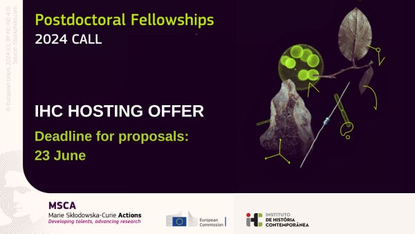 Illustrative image of the call. It includes the phrases "Postdoctoral Fellowships 2024 Call" and "IHC Hosting Offer. Deadline for proposals: 23 June”.