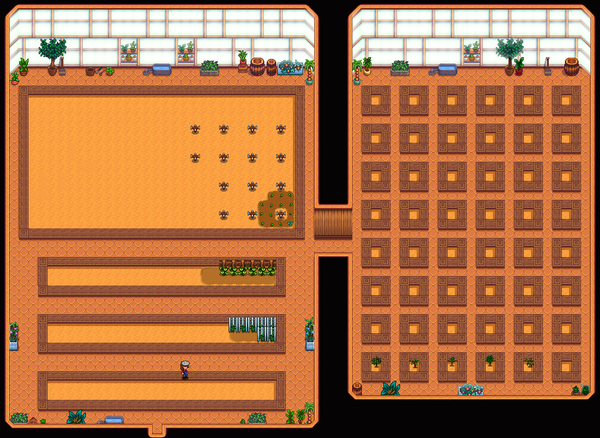 a screenshot of a modded stardew valley greenhouse. this is massively expanded from the vanilla version.