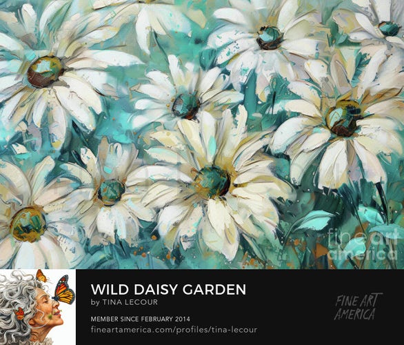 This is digital abstract painting of a garden full of white daisy flowers with a turqouise background. 