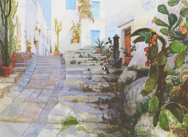 Art print of an original watercolor painting by Steve Henderson depicting a series of cobblestoned streets and steps leading through white stone buildings in Ostuni, Italy.