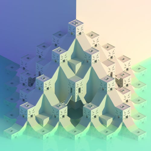 A stone pyramid made of rooms and staircases. The lower floor is under transparent aquamarine water. The left side is in purple shadow whilst the right-hand side is in a soft pink light. A quarter of the pyramid merges into the corner of a huge wall.
Inspired by Carved Cities by Antoine Lendrevie.
Built and rendered (isometric) in Avoyd Voxel Editor.