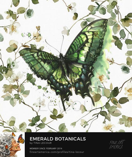 This is a watercolor of a big emerald butterfly with a soft botanical floral background in shades of white, beige and green. 