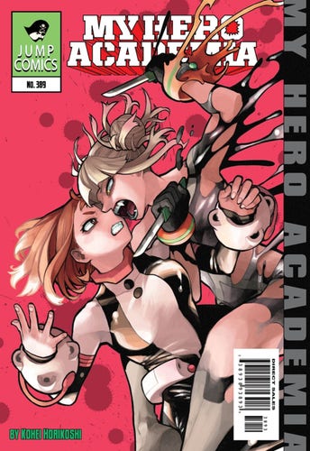 Full color manga screenshot from My Hero Academia, Chapter 389. Cover page of the chapter intended to look like a classic American comic book cover with the title at the top and along the right side. The upper left corner has the comic logo (Jump Comics) with the chapter number (389). The core picture is one of Toga jumping down on Ochaco with a knife in each hand as Ochaco is trying to defend herself.