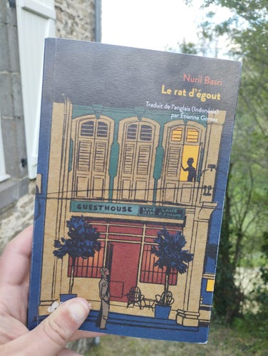 Photo du livre, la couverture est le dessin d'une guest house. Derrière la livre on devine à nouveau une maison en pierre et de la verdure