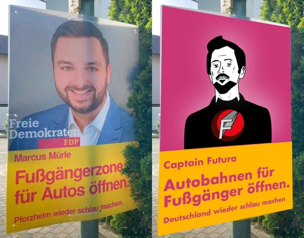 Die FDP plakatiert ernsthaft "Fußgängerzonen für Autos öffnen" - deshalb forder ich jetzt "Autobahnen für Fußgänger öffnen"