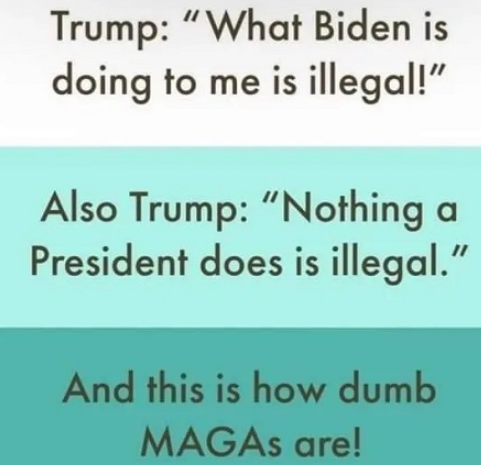 Trump: “What Biden is doing to me is illegal!” 

Also Trump: “Nothing a President does is illegal.” 