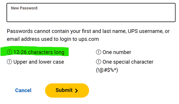 Screenshot of overly constrained password rules asking for a password of 12-26 characters (and lots more...)
