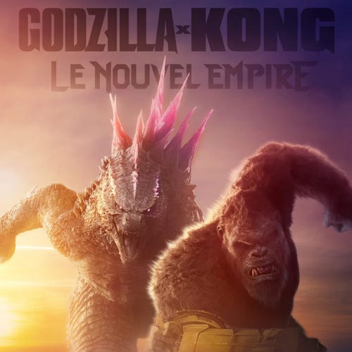 Affiche de Godzilla x Kong Le nouvel empire : Godzilla et Kong courent vers la caméra avec un air sérieux 