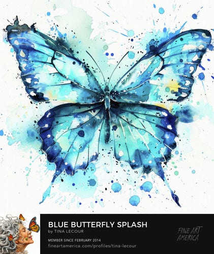 This is a watercolor of a big blue butterfly with a white background.