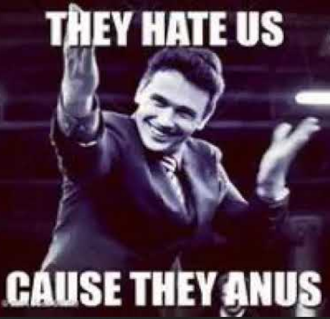 Meme from the movie, "The Interview", starring James Franco and Seth Rogan.

The caption reads, "They hate us coz they anus" - a direct quote from the movie.

More often than not, Haters are actually those who have become the embodiment of what they claim to hate. They are without equity, unethical, divisive, vitriolic, and extremely exclusionary to the point of painting themselves into a corner of isolation in their bedrooms while living in parents home, so to speak.

In this article, Brenden Eich is singled out as one of those who are selectively targeted by people overwhelmingly consumed with hate - self-loathing projected upon others, and rationalized by these sick individuals by twisting their own perspectives as to just how evil they themselves have become in the pursuit of some imaginary crusade against evil... evil that is actually they themselves.

Eich created JavaScript, and is a founder of the Mozilla Project, Foundation, and Corporation, not to mention the wildly successful, privacy and  cryptocurrency-aware, Brave Browser.

Hater's gonna Hate - a prophetic truism. Learn to love yourself, and be kind towards others.