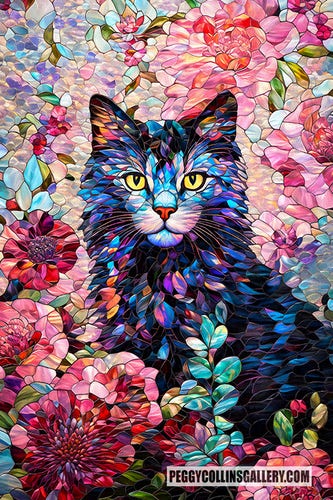 Colorful artwork with a quilted look of a cat sitting in a garden of chrysanthemums, by artist Peggy Collins.