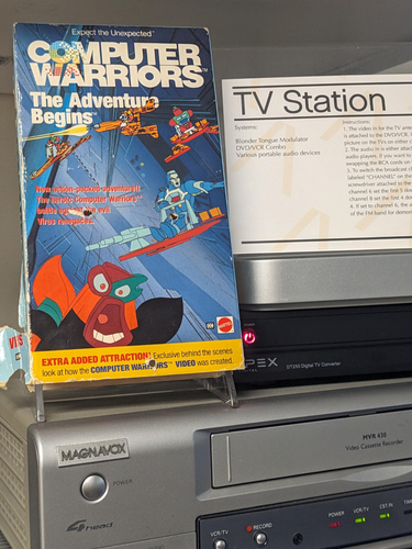 VHS box for Computer Warriors The Adventure Begins, with cartoon illustrations of the computer warriors, who appear to be a transformers knockoff
