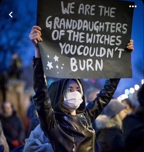 Eine Frau hält ein Schild hoch, auf dem steht:

WE ARE THE GRANDDAUGHTERS OF THE WITCHES YOU COULDN'T BURN!