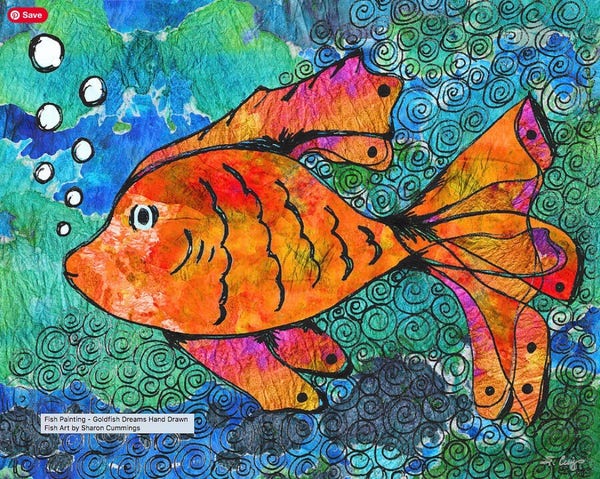 Colorful goldfish hand drawn and hand collaged by artist Sharon Cummings.  Haiku in post.