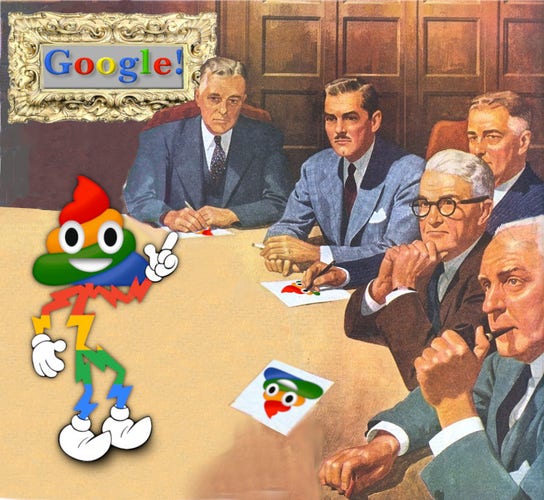 A collection of 1950s white, suited boardroom executives seated around a table, staring at its center. The original has been altered. In the center of the table stands a stylized stick figure cartoon mascot whose head is a poop emoji rendered in the colors of the Google logo. The various memos on the boardroom table repeat this poop Google image. On the wall behind the executives is the original Google logo in an ornate gilt frame.