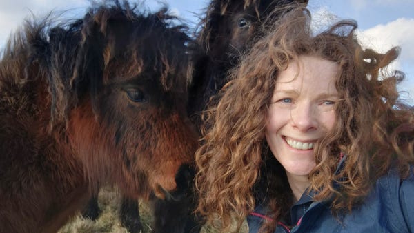 Image is selfie with two foals behind me. One is trying to eat my hair