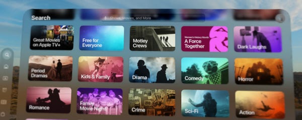 visionOS screenshot of the AppleTV app showing a grid of categories with a navigation bar at the top that says "Search" and has a search bar in the very middle of the top navigation bar