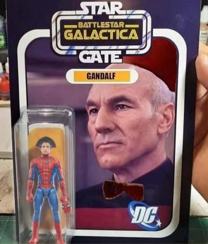 Spiderman toy with Londo's hair from Babylon 5 in packaging that has a huge photo of Captain Picard from Star Trek wearing the 11th Doctor Who's fez and bowtie. 
Title logo has "STAR GATE" in the style of the Star Wars logo with "BATTLESTAR GALACTICA" inside.
The toy contents are named as "GANDALF".
DC logo bottom-right.
