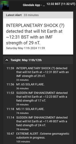 Glendale app screenshot showing headings like "interplanetary shock detected" and "Extreme Alert: Extreme geomagnetic substorm in progress"