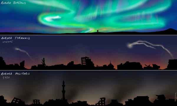 Night sky over various locations.  The UK has the aurora borealis, Ukraine has the aurora tyranis and Gaza has the aurora miltaris.