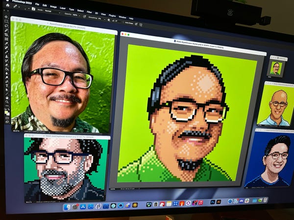 Screenshot from Adobe Photoshop of several male faces being translated from photographs to retro pixel artwork. 