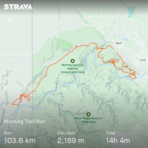 Map of a 103.6k race with 2189m of elevation gain and a total time of 14h 4m.