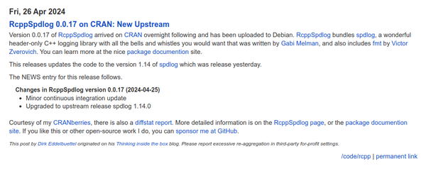 Screenshot of blog post at https://dirk.eddelbuettel.com/blog/2024/04/26#rcppspdlog_0.0.17 describing release 0.0.17 of CRAN package RcppSpdlog