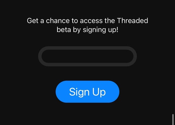 Promotional graphic with text "Get a chance to access the Threaded beta by signing up!" and a "Sign Up" button.