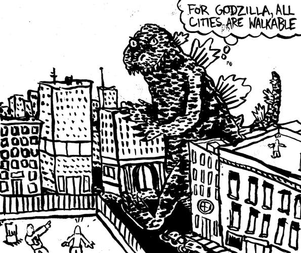 Disegno in bianco e nero: uni scorcio di una città. Sulla destra Godzilla cammina in mezzo ad una strada e pensa: "per Godzilla tutte le città sono percorribili a piedi"