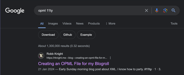 a screenshot of google with the search term "opml 11ty". Robb Knight's article "Creating an OPML file for my blogroll" is first.
