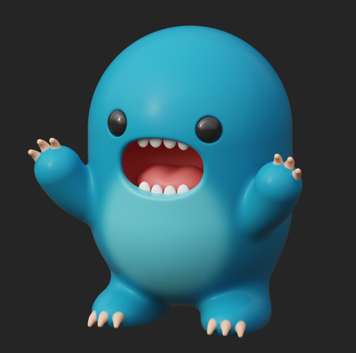 3D rendering of a kawaii monster character design in progress.