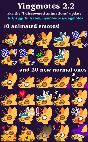 an ad for yingmotes v2.2 showing the 10 new animated emotes as static icons and the 20 other new emotes